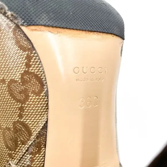 Gucci GG Booties Brown Monogram Patent Stiletto Gold Bow Cap Toe Sz 36 / 6